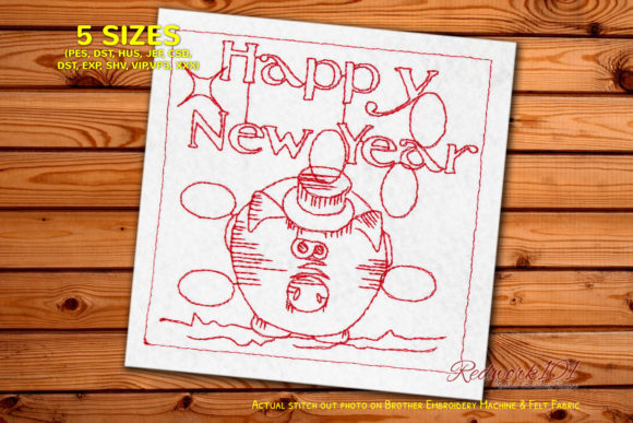 2020 Lucky Pig New Year Redwork Design