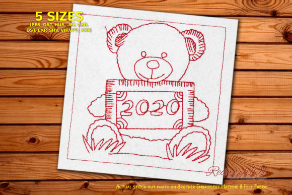 Bear Holding 2020 New Year Redwork